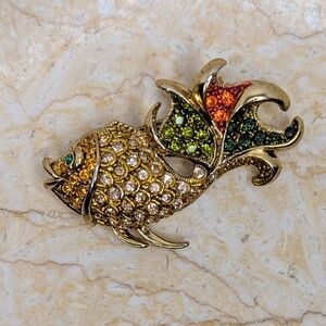 Vintage Gold Fish Bright Colorful Rhinestone Retro Pin Brooch